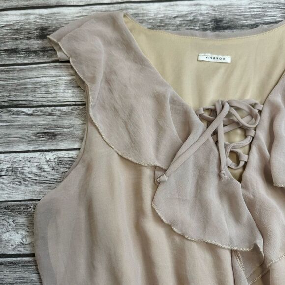 Vivayou Women's Maxi Dress Tan Beige Black Accordion Pleat L LG Large Ruffle - Picture 4 of 15